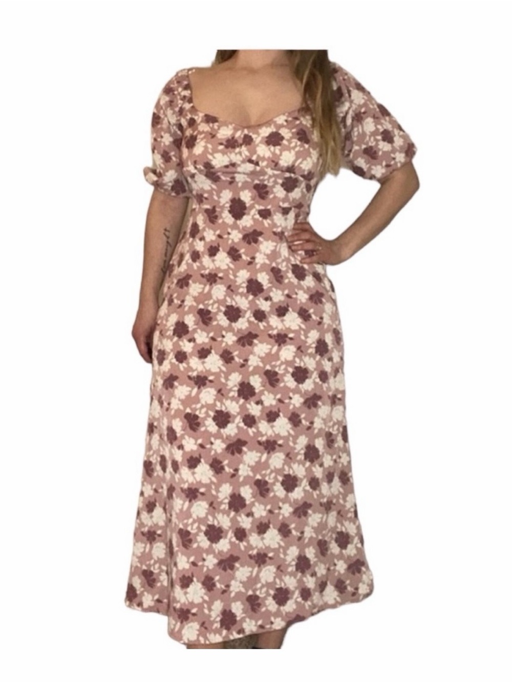 Lush Dusty Mauve Floral Puff-Sleeve Midi Dress